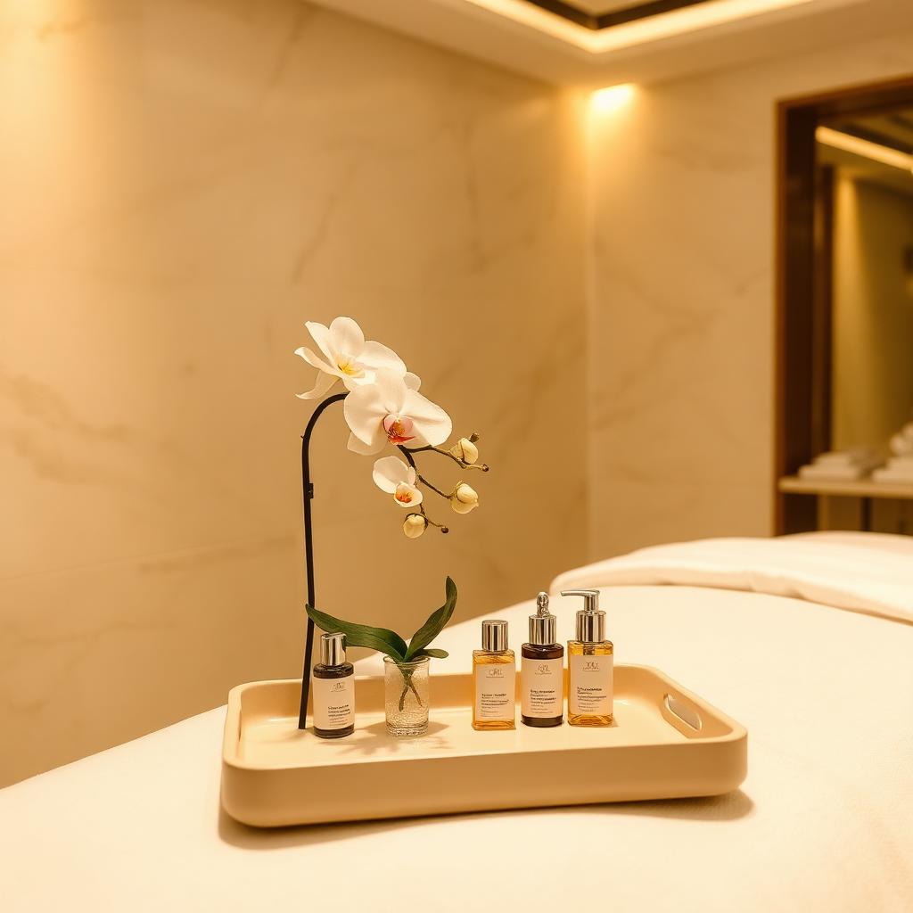 Luxury facial treatment room with skincare products